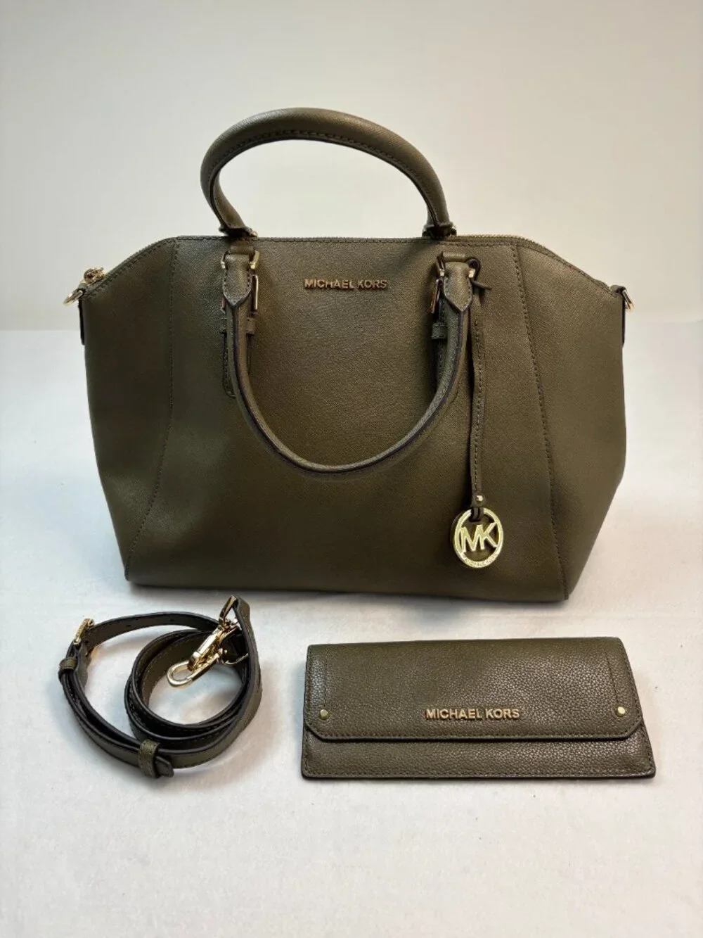 Michael Kors Ciara Satchel Crossbody Purse & Flap Wallet Set Olive Green Luxury